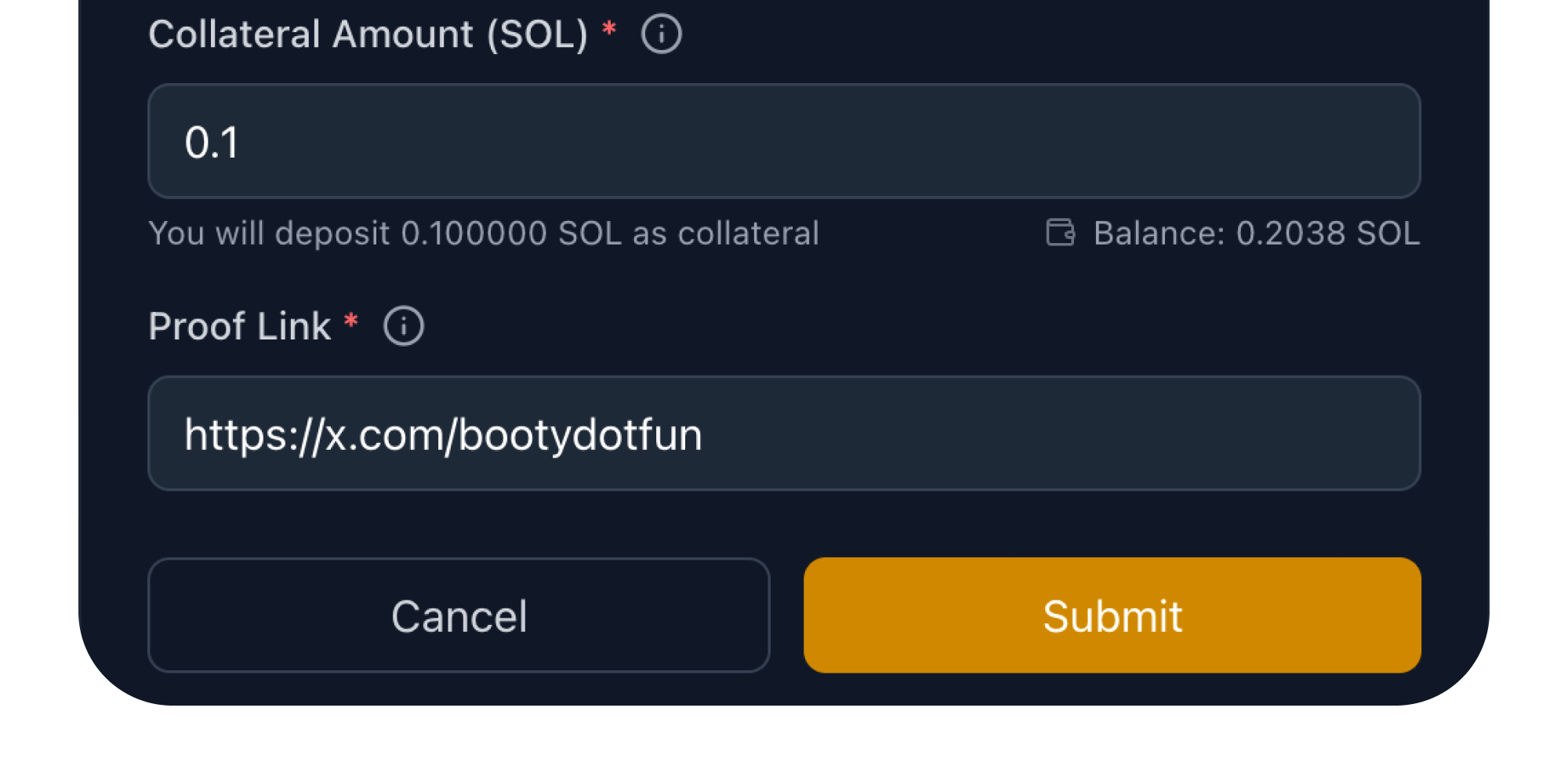 Enter proof URL and collateral amount